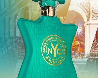 May include: A teal-colored perfume bottle with a textured surface and a gold emblem that reads "Greenwich Village NYC Bond No. 9." The bottle has a clear top and a gold-colored sprayer.