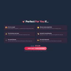 Può includere: Una grafica blu scuro con il testo "Perfect For You If..." e sei rettangoli rosa con testo e icone. Le caselle descrivono scenari come "You're a couple" e "Money causes arguments". Un pulsante rosso recita "Add to Cart - Instant Download."
