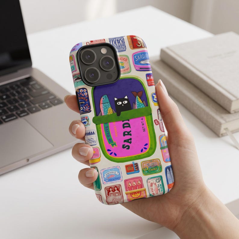 Cat Sardines Phone Case, Funny Black Cat Phone Case for iPhone 17 16 15 ...