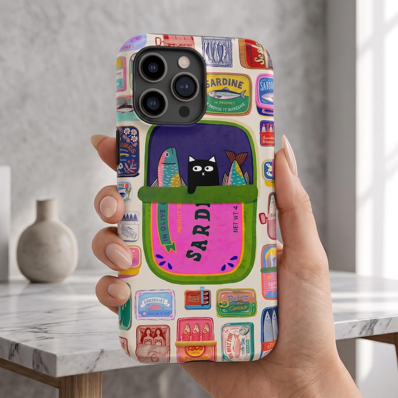 Cat Sardines Phone Case, Funny Black Cat Phone Case for iPhone 17 16 15 ...