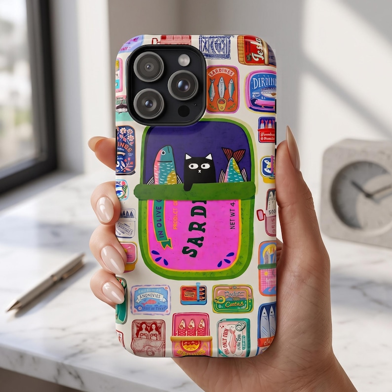 Cat Sardines Phone Case, Funny Black Cat Phone Case for iPhone 17 16 15 ...