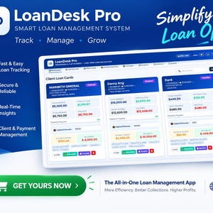 Puede incluir: Una interfaz digital para LoanDesk Pro, un sistema inteligente de gestión de préstamos. La pantalla muestra tarjetas de préstamos de clientes con datos financieros, seguimiento y herramientas de gestión. El texto incluye 'Simplify Your Loan Operations' y 'GET YOURS NOW'.