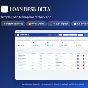 Puede incluir: Una interfaz digital para Loan Desk Beta, una aplicación web de gestión de préstamos. La pantalla muestra un panel con métricas financieras, una lista de préstamos recientes y pestañas de navegación. Incluye descarga instantánea y facturas en PDF.