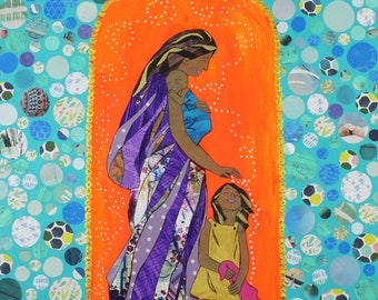 Mama Magic Blessed Mother Mary Colorful Blue Collage Print