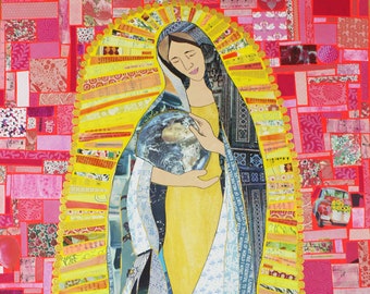 Peace and Good Abide Blessed Mother Mary Colorful Collage Print