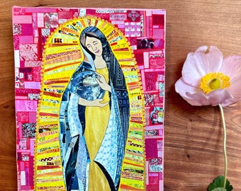 Wood Print: Peace and Good Abide Blessed Mother Mary Colorful Collage