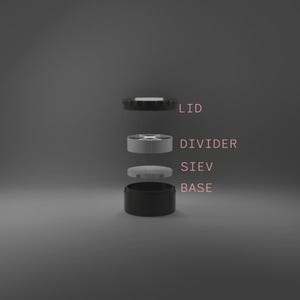 May include: An exploded view of a black grinder with the parts labeled. The parts include the lid, divider, sieve, and base. The text is in pink. The background is a solid gray.