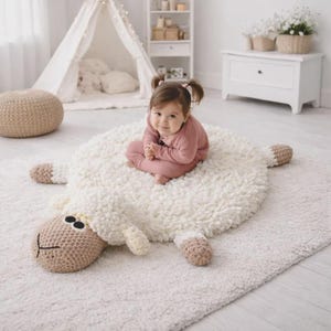 May include: A large, round, cream-colored sheep-shaped rug with a textured, shaggy surface. The rug features a tan-colored head with black embroidered eyes and a mouth, along with four tan-colored feet extending from the circular body.
