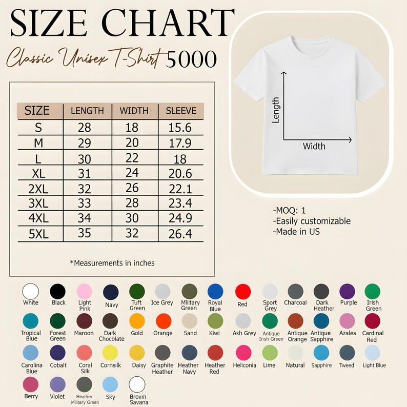 May include: A size chart for a Classic Unisex T-Shirt 5000, with measurements in inches. The chart includes sizes S to 5XL, with corresponding lengths, widths, and sleeve measurements. A white t-shirt graphic is shown with length and width labels. Color swatches are displayed.
