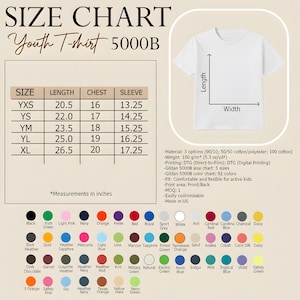 May include: A white youth t-shirt size chart with measurements in inches. The chart includes sizes YXS to XL, with length, chest, and sleeve measurements. The image also shows a blank t-shirt and a color chart.