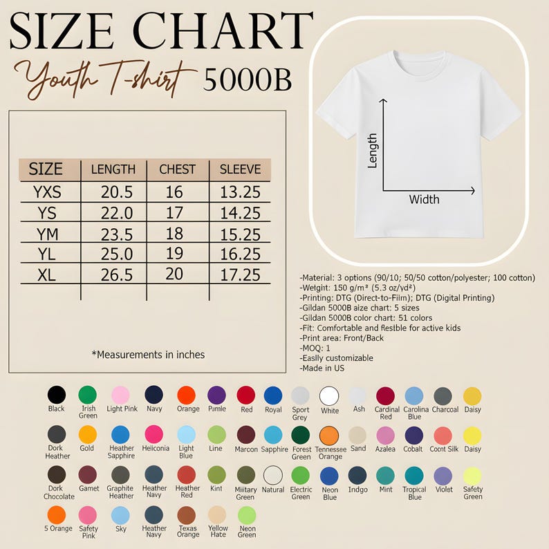May include: A white youth t-shirt size chart with measurements in inches. The chart includes sizes YXS to XL, with length, chest, and sleeve measurements. The image also shows a blank t-shirt and a color chart.