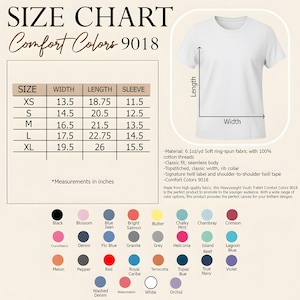 May include: A white t-shirt with a size chart and color options. The size chart shows measurements in inches for XS to XL sizes. Color options include black, blue jean, and crimson. The shirt is made of soft ring-spun fabric.