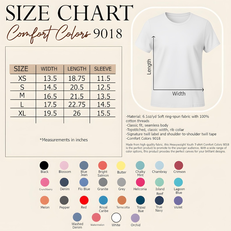 May include: A white t-shirt with a size chart and color options. The size chart shows measurements in inches for XS to XL sizes. Color options include black, blue jean, and crimson. The shirt is made of soft ring-spun fabric.