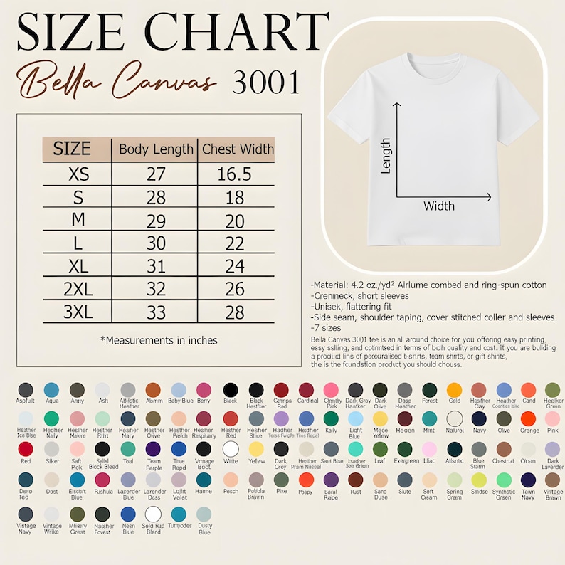 May include: A white Bella Canvas 3001 t-shirt size chart with measurements in inches. The chart includes body length and chest width for sizes XS to 3XL. The chart also shows a blank t-shirt with length and width labels.