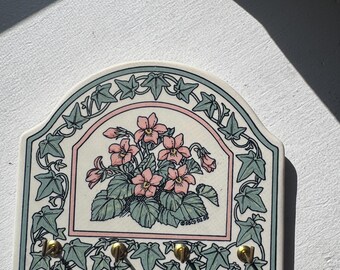 Vintage Floral Ceramic Key Rack | Cottagecore Wall Hooks | Hand-Painted Botanical Key Holder