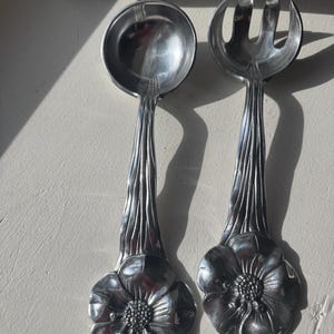 Vintage Floral Cast Pewter Salad Servers - Serving Spoon/Fork - Set of 2 - 12"