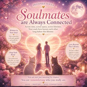 May include: Digital art print with the text "Soulmates are Always Connected." The image depicts a couple holding hands, two cats, and a heart-shaped light. The colour scheme is soft pinks and purples, with floral accents and a full moon in the background.
