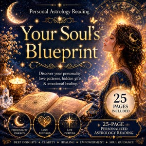 May include: A digital graphic for a Personal Astrology Reading titled Your Soul's Blueprint. It features a profile of a person, an open book with celestial charts, a candle, crystals, and a zodiac wheel. Text includes 25 Pages Included.