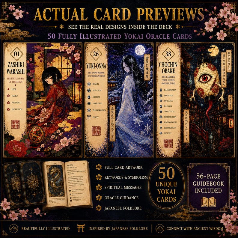 Japanese Yokai Oracle Cards | 50 Illustrated Spirit Cards, Guidebook ...