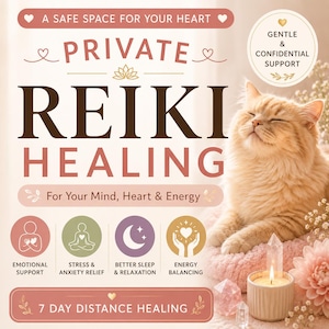 Puede incluir: Anuncio de Reiki Healing con un gato de color naranja claro. El texto incluye "Private Reiki Healing" y "For Your Mind, Heart & Energy". Los iconos representan apoyo emocional, alivio del estrés, mejor sueño y equilibrio energético. También se ven una vela y cristales.