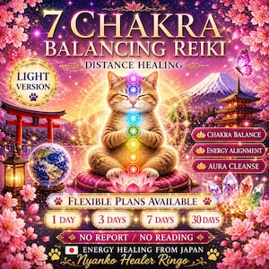 Könnte beinhalten: Eine digitale Illustration, die 7 Chakra Balancing Reiki bewirbt. Das Bild zeigt eine meditierende Katze mit leuchtenden Chakrapunkten, umgeben von japanisch inspirierten Bildern, Text und den Worten "LIGHT VERSION". Das Bild enthält auch den Text "FLEXIBLE PLANS AVAILABLE".