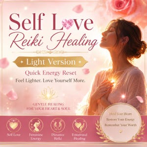 Könnte beinhalten: Ein rosa-weißes Bild mit den Worten "Self Love Reiki Healing" und "Light Version". Das Bild zeigt eine Frau mit geschlossenen Augen, ein Herz und die Sätze "Quick Energy Reset" und "Feel Lighter. Love Yourself More."