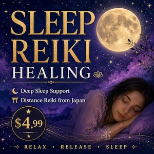May include: A digital graphic featuring the text SLEEP REIKI HEALING, Deep Sleep Support, and Distance Reiki from Japan. A full moon shines in a dark purple starry sky above a sleeping person. The text RELAX, RELEASE, SLEEP appears at the bottom.
