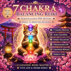 Peut inclure: Illustration numérique promouvant le Reiki d'équilibrage des 7 chakras. L'image présente un chat méditant avec des points de chakra lumineux, entouré d'imagerie de style japonais, de texte et d'une fleur de lotus. Le texte comprend "Reiki du Japon" et "Maître Reiki japonais".