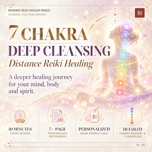 May include: A digital graphic for 7 Chakra Deep Cleansing Distance Reiki Healing by Nyanko Reiki Healer Ringo. It features a glowing figure with seven colored chakra points, text details on session length, PDF readings, and energy cards.