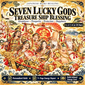 Pode incluir: Uma ilustração digital intitulada Japanese Reiki Healing Seven Lucky Gods Treasure Ship Blessing mostrando sete figuras num barco, com texto incluindo Abundance, Prosperity, Protection, Happiness, 1, 3, 7, 14 or 28 Days, Personalized Reiki, 7+ Page Energy Report e Reiki-Infused Energy Card.