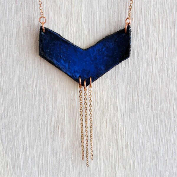 Hand painted leather necklace. Deep blue chevron with three dangles.