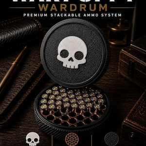 May include: A War Puppy Wardrum premium stackable ammo system featuring a black carbon fiber lid with a white pearl skull inlay. The circular container includes a precision machine-cut tray holding multiple brass-cased cartridges in a grid pattern.