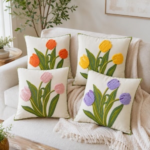 Funda de almohada de algodón bordada, cojín estilo bohemio, decoración para el hogar, diseño de tulipanes, regalo artesanal para inauguración de casa, pieza decorativa única
