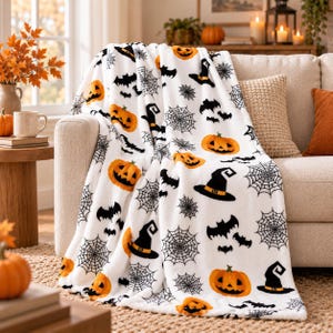 Halloween plaid, pompoen-vleermuis-spinnenwebdeken, griezelige herfstplaid voor op de bank, heksenachtige Halloween decoratie, knusse seizoensdeken
