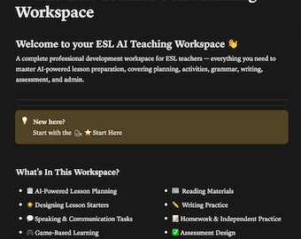 ESL-lärarens AI-planeringsarbetsyta | Notion-mall | Professionell utveckling för engelsklärare | Lektionsplanering och bedömning