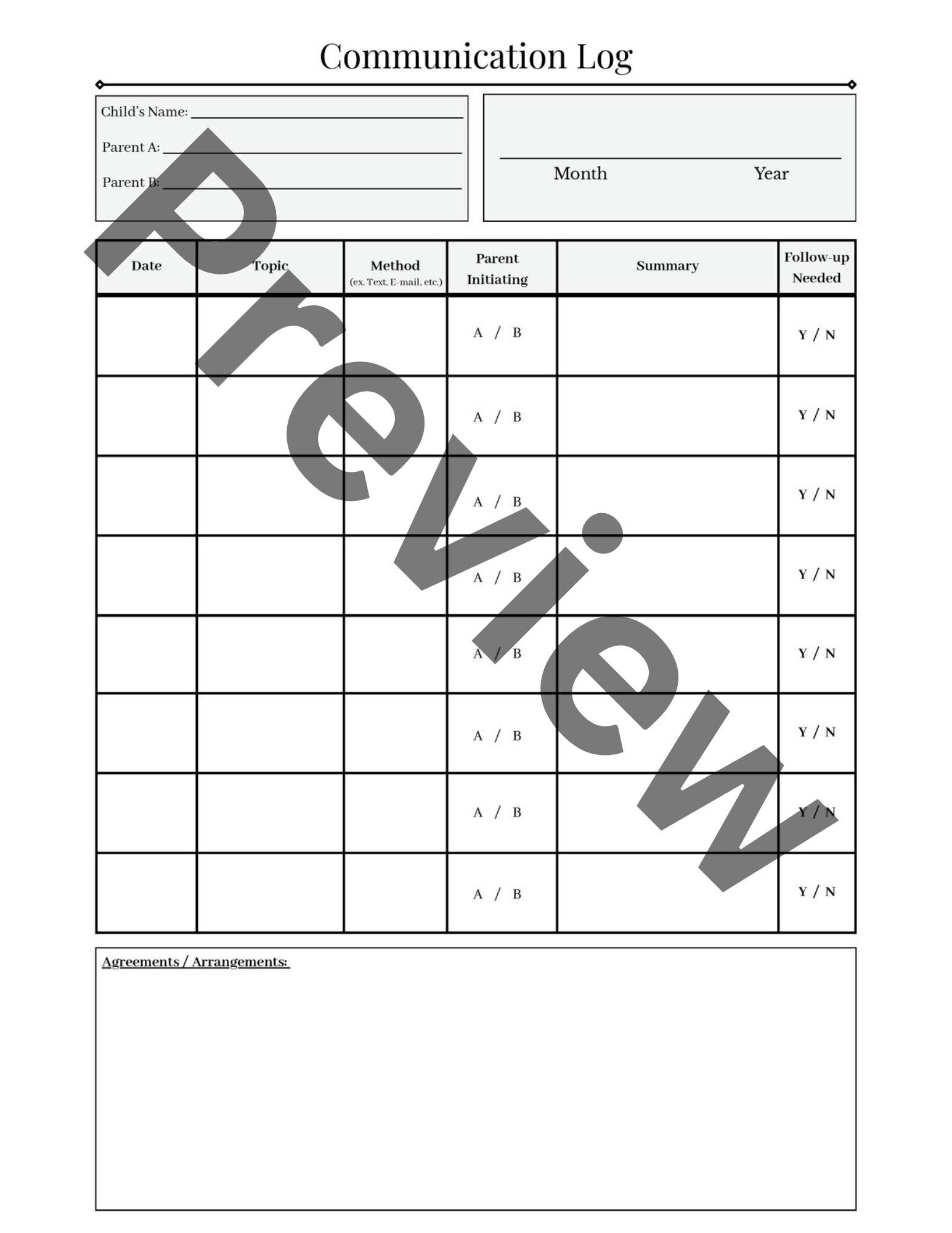 Co Parent Communication Log Printable | Custody Communication Tracker ...