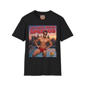 The Devil Wears Speedos T-Shirt | Muscular Lifeguard Pool Poster Design