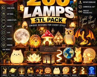 Puede incluir: Una colección digital de 200 archivos STL de lámparas para impresión 3D, con varios diseños iluminados como una luna, león, hongo, búho, dragón, gato, loto, globo terráqueo y cráneo, junto con etiquetas de texto para categorías y formatos.