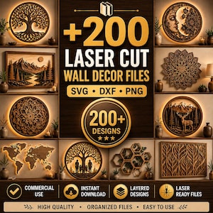 200 Laser Cut Wall Decor Files Bundle | Svg Dxf Png | Layered Wood Art Designs | Glowforge Files | CNC Laser Cutting | Commercial Use