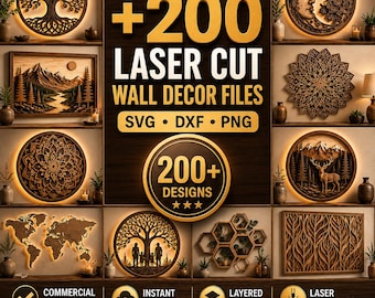 Paquete de 200 archivos de decoración de pared cortados con láser | SVG, DXF, PNG | Diseños de arte en madera por capas | Archivos Glowforge | Corte láser CNC | Uso comercial