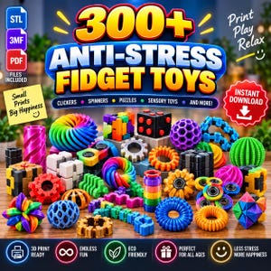 Pode incluir: Uma coleção de brinquedos antiestresse impressos em 3D, incluindo várias formas como cubos, esferas, engrenagens e anéis em cores vibrantes. A imagem contém o texto 300+ ANTI-STRESS FIDGET TOYS, Print Play Relax e Small Prints Big Happiness.