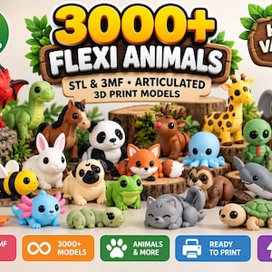 May include: A collection of 3000+ articulated 3D print models featuring various animals including a red dragon, panda, giraffe, elephant, and bee. The image includes text stating 3000+ FLEXI ANIMALS, STL & 3MF, and DIGITAL DOWNLOAD.