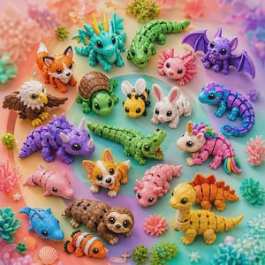 May include: A collection of small, articulated plastic animal and creature figures, including a dragon, fox, turtle, bee, rabbit, eagle, dinosaur, crocodile, unicorn, sloth, dolphin, clownfish, and axolotl, arranged on a colorful background.