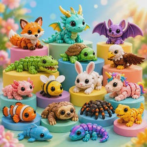 May include: A collection of articulated animal figurines including a fox, dragon, bat, turtle, alligator, eagle, axolotl, bee, rabbit, unicorn, clownfish, sloth, spider, lizard, and dolphin, each displayed on individual colorful cylindrical pedestals.