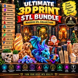3D Print STL Mega Bundle, STL Files for 3D Printing, Flexi Animals, Book Nooks, Fidget Toys, Lamps & Home Decor, Commercial Use