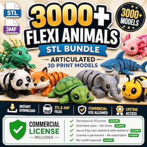 Flexi Animals STL Bundle +3000 Articulated 3D Print Models | STL & 3MF/commercial use allowed