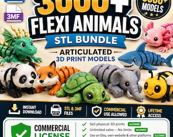 Flexi Animals STL Bundle +3000 Articulated 3D Print Models | STL & 3MF/commercial use allowed