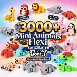Peut inclure: Une collection de modèles de mini-animaux articulés colorés, dont une girafe, un hibou, un lion et un pingouin. L'image comprend le texte "3000+ Mini Animals Flexi", "Téléchargement instantané", "Prêt pour l'impression 3D" et "Utilisation commerciale autorisée".