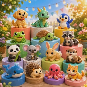 May include: A collection of small, colorful animal figurines including a golden puppy, green dragon, blue penguin, frog, turtle, raccoon, panda, koala, rabbit, otter, whale, hedgehog, octopus, and orange tabby cat, each displayed on individual pedestals.