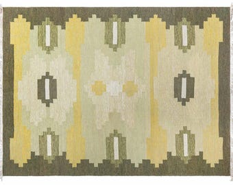 Handwoven Kilim Rug, Scandinavian Geometric Design, Green & Yellow Wool